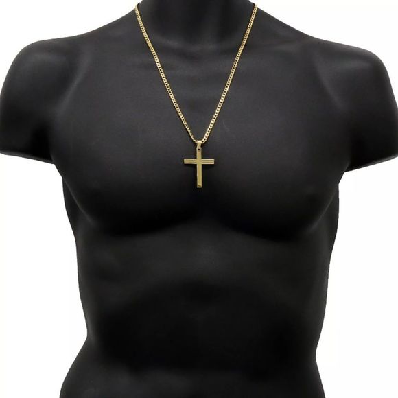 Gold Plated Cross On 24" Cuban Necklace - Picture 3 of 4